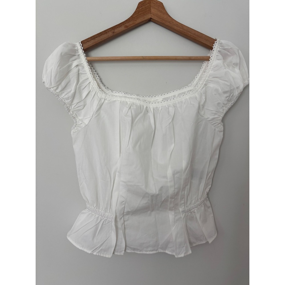H&M White Milkmaid Peplum Blouse Short Puff Sleeve Crochet Lace Trim Small